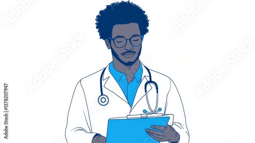 Obraz na płótnie Young African American doctor with clipboard and stethoscope reviewing patient data on white background w salonie