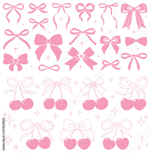 Coquette cherries with gift bow. Vector Illustrations of vintage bows and pink cherry. Cherries with ribbon. Cute trendy line art set. Ribbons isolated. Trendy girls accessories. Cute hairstyle decor