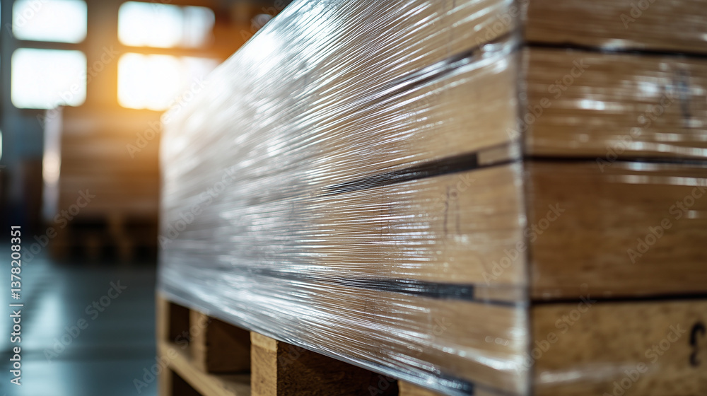 A close-up macro shot of stretch film clinging seamlessly to a heavy-duty pallet, showing no wrinkles or air pockets