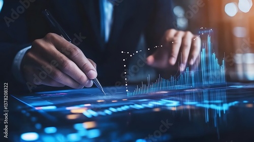 Futuristic business analytics with executive analyzing digital graphs and data image photo