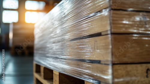 Obraz na płótnie A close-up macro shot of stretch film clinging seamlessly to a heavy-duty pallet, showing no wrinkles or air pockets w salonie