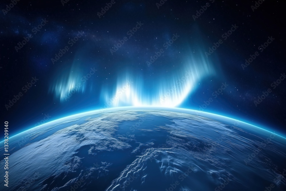 Fototapeta premium Planet Earth horizon from space with aurora borealis glowing over surface