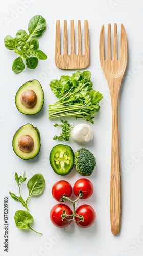 Fresh vegetable arrangement with wooden utensils kitchen culinary art minimalist top view healthy eating concept