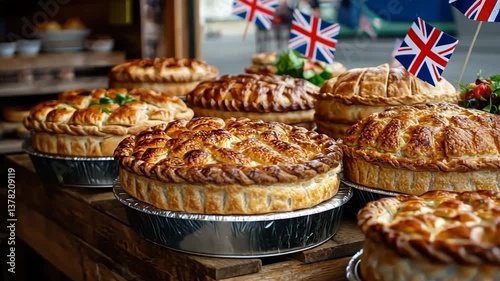 Golden-brown savory pies displayed on wooden crates