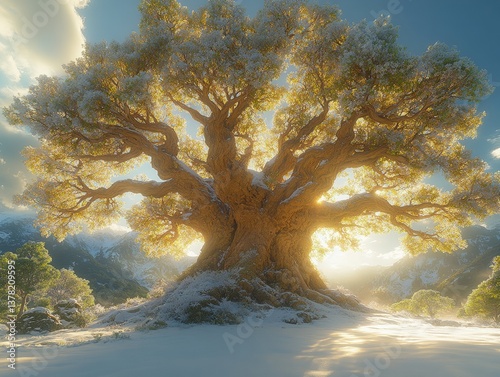 Snow-dusted tree stands tall against a stunning mountain range under a bright blue sky. A warm, golden light illuminates the serene winter landscape photo