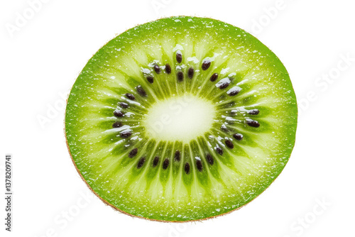 Close-up of fresh kiwi slice with vivid green and black seeds on black background, cut out
