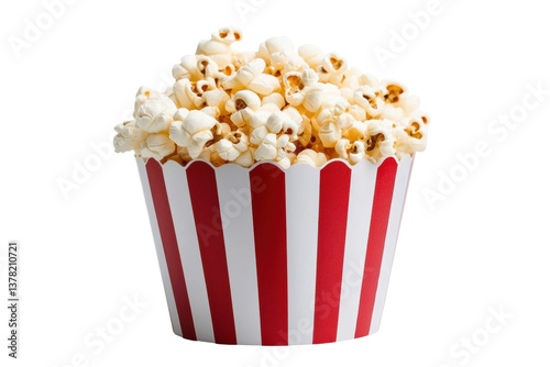 Striped red-and-white bucket filled with freshly popped popcorn against black background, cut out