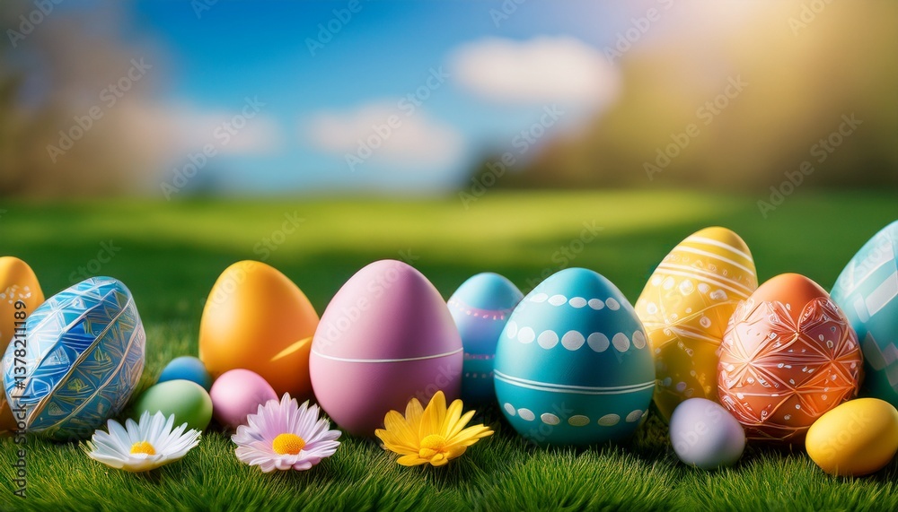 Fototapeta premium a colorful display of easter eggs on a vibrant green grass background