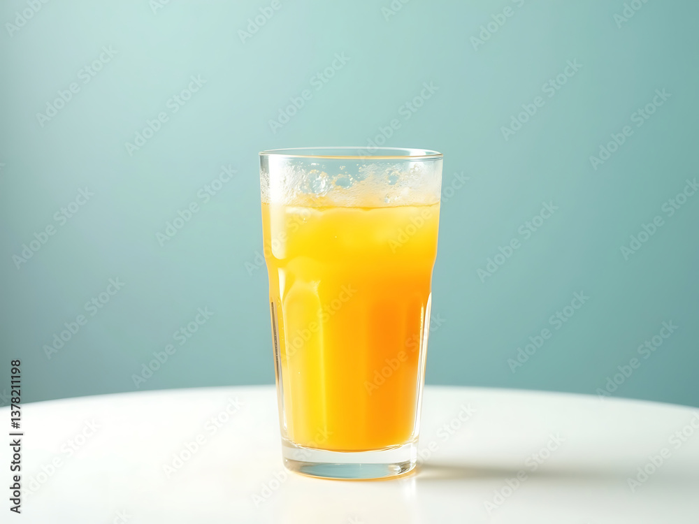 A refreshing glass of orange juice on a marble table with a soft blue background. Vibrant colors and fresh citrus vibes enhance the scene. A refreshing glass of orange juice on a marble table with a soft blue background. Vibrant colors and fresh citrus vibes enhance the scene.