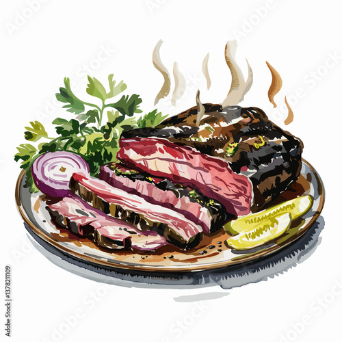 Watercolor Smoked Brisket Plate with Pickles and Onion