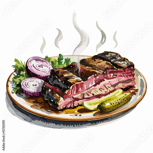 Watercolor Smoked Brisket Plate with Pickles and Onion