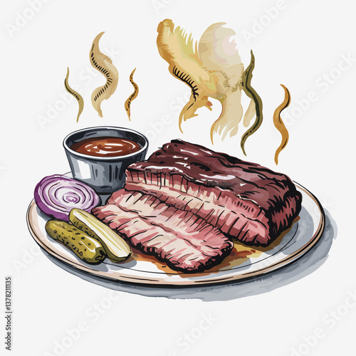Watercolor Smoked Brisket Plate with Pickles and Onion