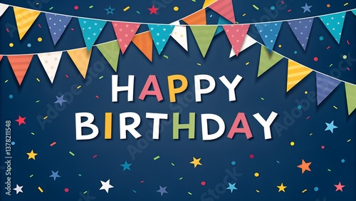 Happy Birthday Banner with Colorful Party Decorations and Bright Stars on Dark Background photo