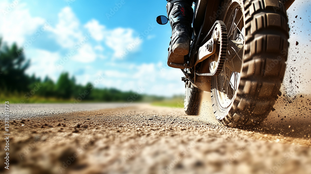 Obraz premium A blurred motorcycle tire kicks up a cloud of dust as the rider takes off, the road stretching into the distance