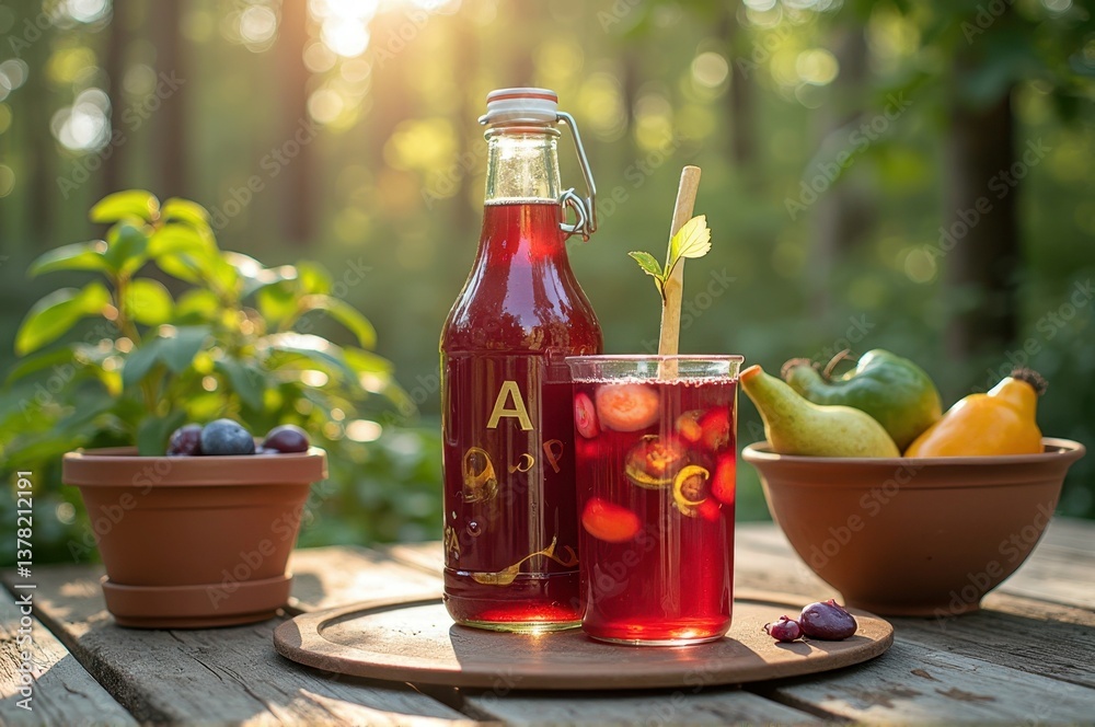Refreshing berry juice outdoors with fresh fruit on wooden table in sunny garden Refreshing berry juice outdoors with fresh fruit on wooden table in sunny garden