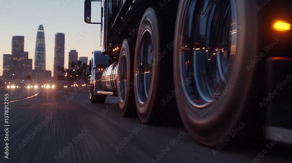 A dynamic rolling shot of an 18-wheeler's wheels on a highway, with the blurred city skyline in the background