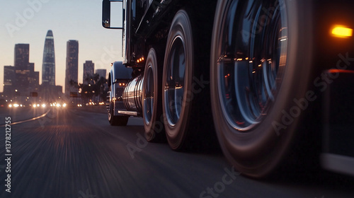 Obraz na płótnie A dynamic rolling shot of an 18-wheeler's wheels on a highway, with the blurred city skyline in the background w salonie