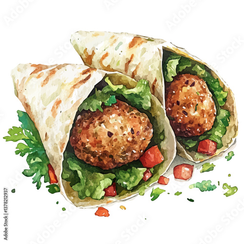 A watercolor vector painting of Falafel, isolated on a white background.

