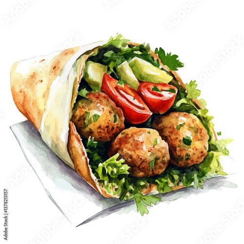 A watercolor vector painting of Falafel, isolated on a white background.

