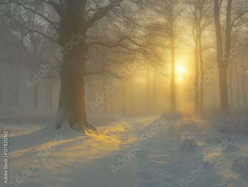 Golden sunlight pierces a misty winter forest, illuminating snow-covered ground. A serene, ethereal scene photo