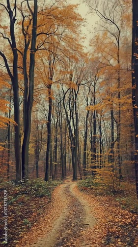 Fall foliage creates a picturesque walking path through a serene forest at dusk in autumn