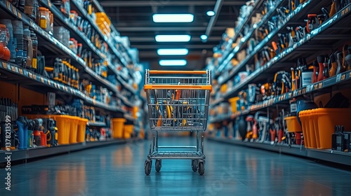 Abstract blur supermarket aisle with hardware and tool background with shopping cart.