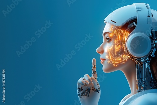 A futuristic robotic figure with headphones gestures for silence against a blue background.