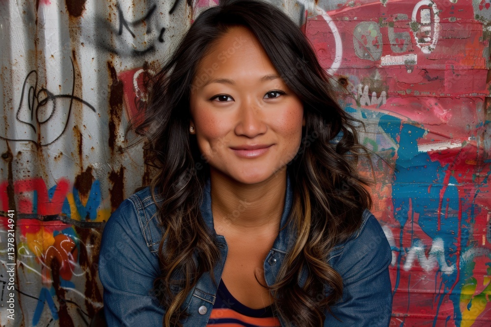 Naklejka premium A smiling woman with long, wavy hair poses in front of a colorful, graffiti-covered wall, showcasing her casual style and friendly demeanor.