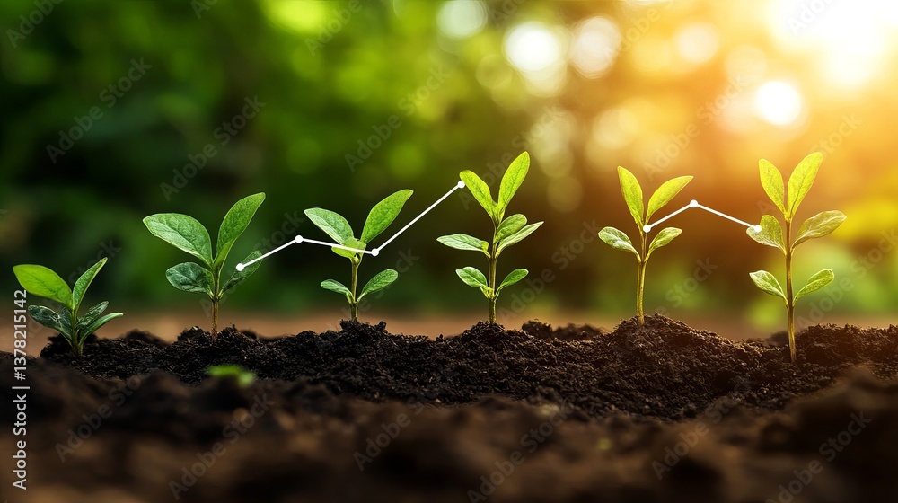 Fototapeta premium Growing Plants Seedlings Business Growth Concept Sustainable Development Ecology Nature Spring Green Shoots Plants Growing in Soil Rich Earth 