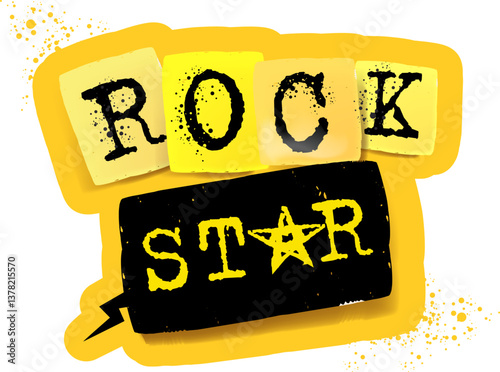 Rock star text vector print for t shirt isolated Retro paperrock star label png stickers for collage and t shirt print. Rockstar sign, symbol and icon