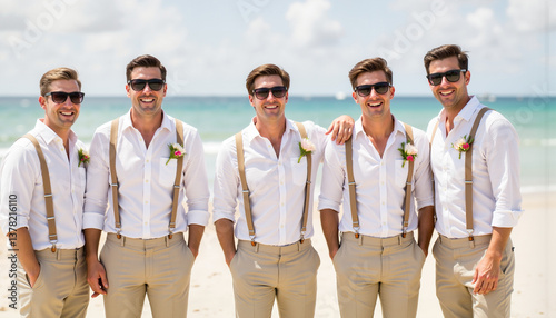 Groomsmen celebrating joyfully at beach wedding  