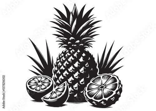 pineapple logo vector silhouette design, pineapple logo icon silhouette, pineapple tropical fruit, minimalist black silhouette of pineapple fruit isolated on white background
