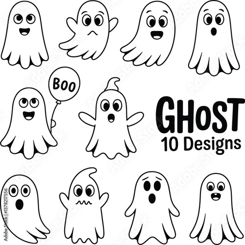 Ghost set. Funny Ghost icons. Cute ghost characters. Design elements for logo, badges, banners, labels, posters. Vector illustration