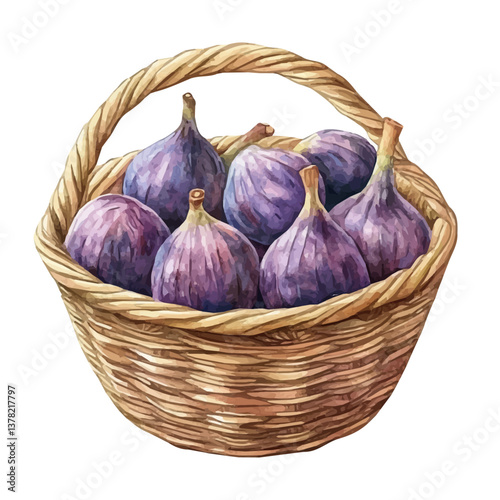 A watercolor vector painting of Fig basket, isolated on a white background.

