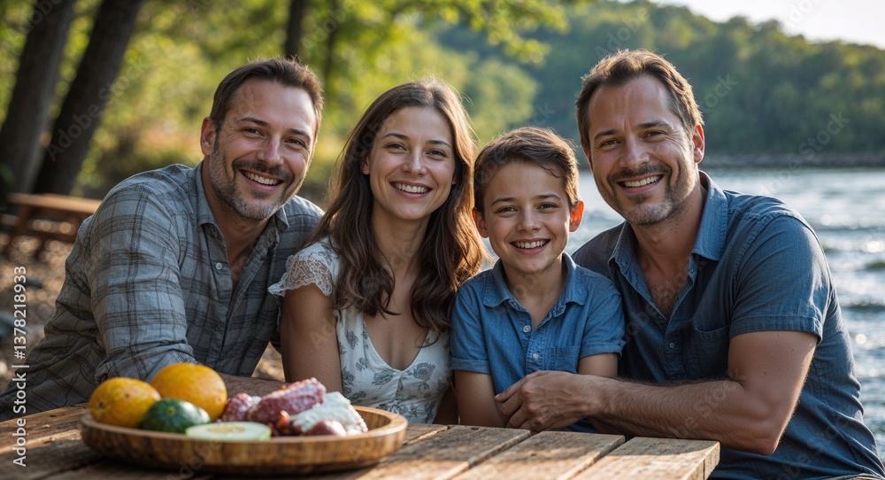 Happy family smiling in riverbank picnic spot with a wooden table background portrait photo Happy family smiling in riverbank picnic spot with a wooden table background portrait photo