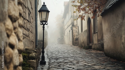Fototapeta Naklejka Na Ścianę i Meble -  A foggy European cobblestone street lined with old-fashioned lanterns