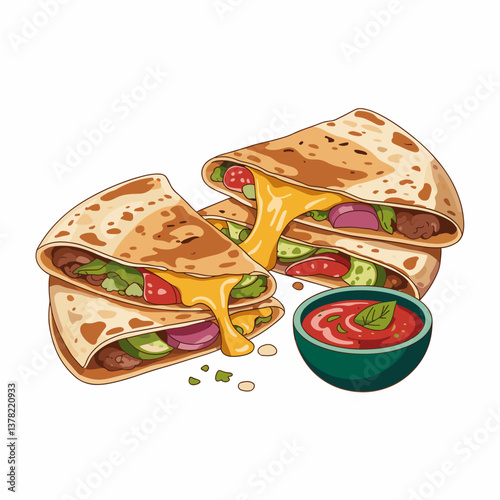 Cheesy Quesadilla Cartoon with Salsa Dipping Bowl