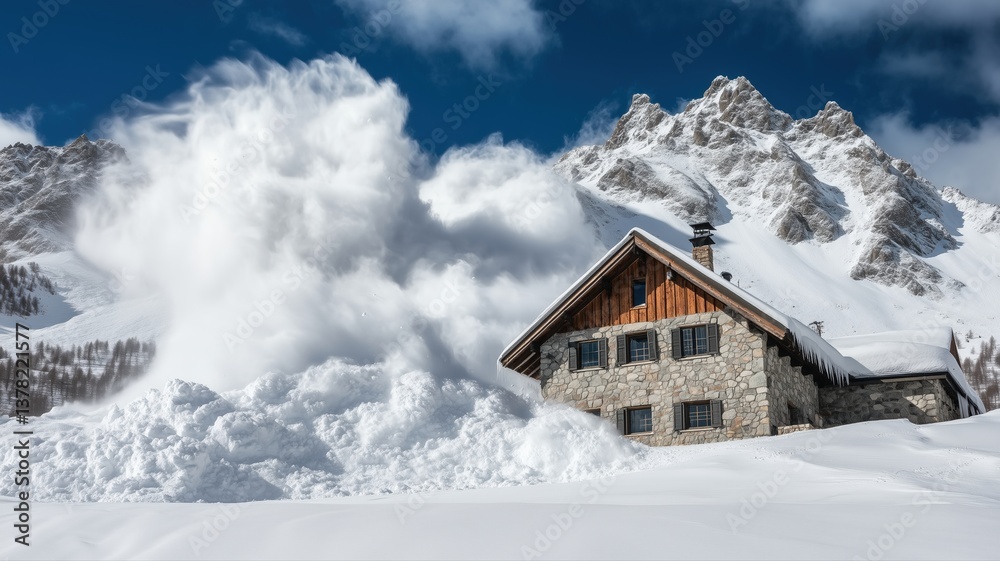 Naklejka premium Avalanche crashing near mountain cabin in winter landscape surrounded by alpine peaks