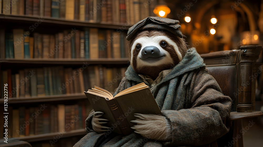 A sloth dressed as a literature professor, holding an open book while sitting near a large bookshelf A sloth dressed as a literature professor, holding an open book while sitting near a large bookshelf