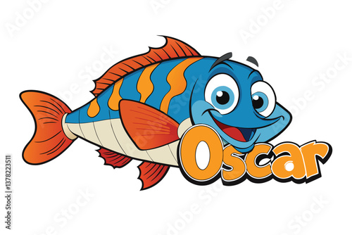 Blue Cartoon Fish Character with Orange Fins and Oscar Text on white background