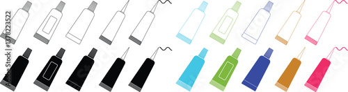 Tube, container, toothpaste, cream icon set. Cosmetic ointment plastic, hand cream packaging vector template isolated background. Adhesive superglue gel tube, eye lash glue package blank, long.