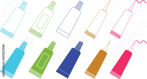 Tube, container, toothpaste, cream icon set. Cosmetic ointment plastic, hand cream packaging vector template isolated background. Adhesive superglue gel tube, eye lash glue package blank, long.