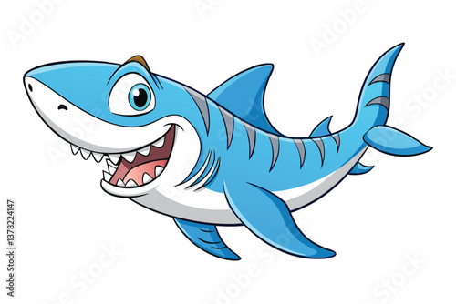 Cartoon Blue Shark with Fins and Teeth on Transparent Background