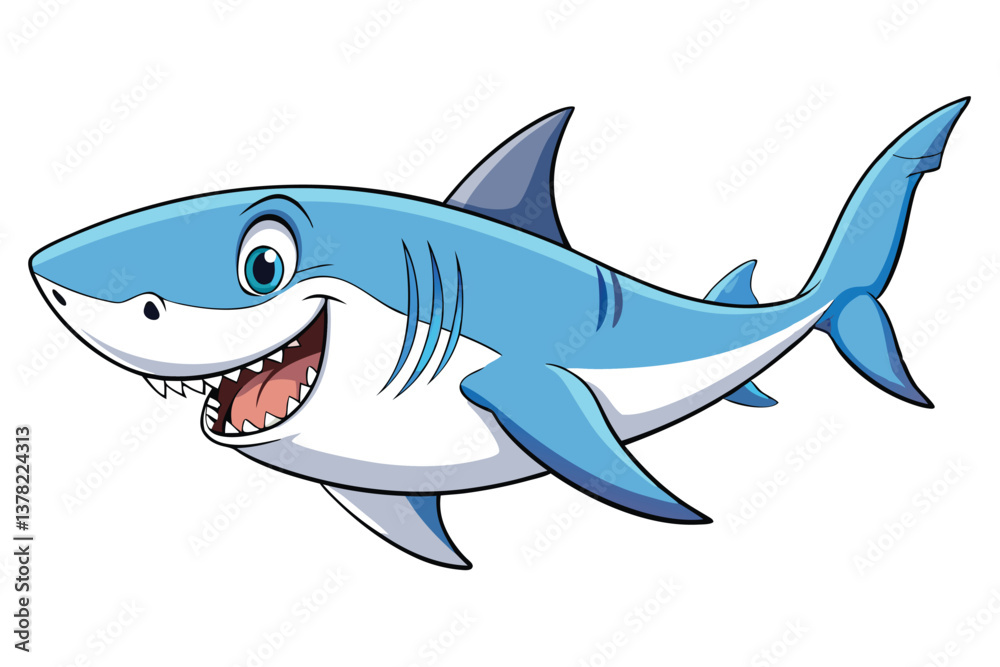 Obraz premium Cartoon Blue Shark with Sharp Teeth on White Background
