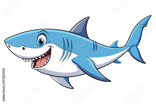 Cartoon Blue Shark with Sharp Teeth on White Background