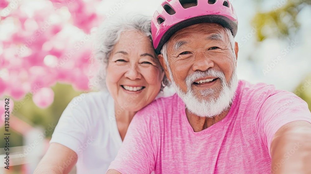 Elderly couple taking cheerful selfie on bikes with pink background and sporty outfits