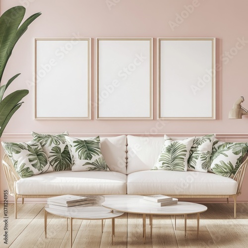 Wallpaper Mural Pink wall living room with white sofa, tropical pillows, and three empty frames. Torontodigital.ca