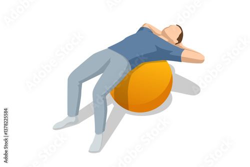 Isometric vector illustration of male patient independently performing back stretching exercises on fitness ball for spinal rehabilitation.