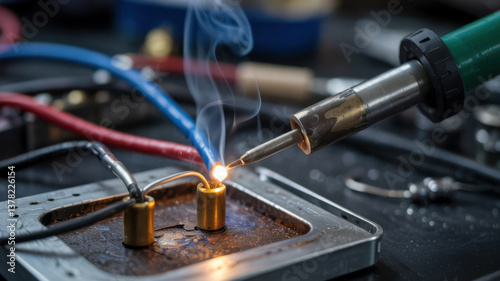 Close-up of a soldering iron tip melting solder wire on a metal component in an electronics repair workshop, with smoke rising from the connection point.