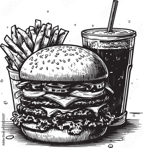 hamburgers with french fries and soda vector illustration